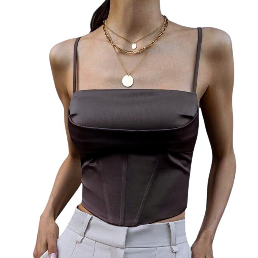 Lichi Corset Top Satin Lace Up Back Boned Bustier Minimalist Black Size S